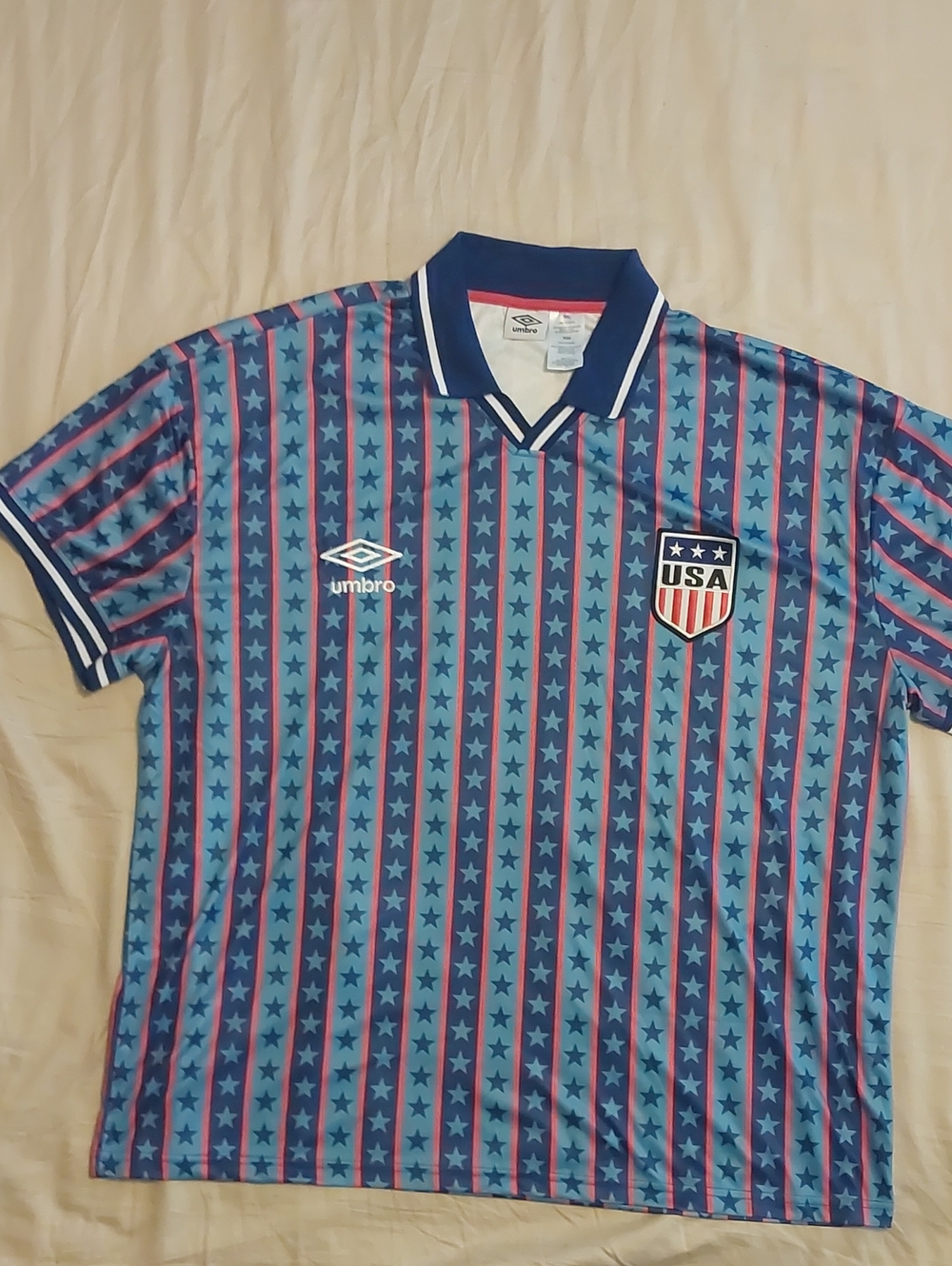 Umbro Blue and Red Soccer Jersey Collar with Tag